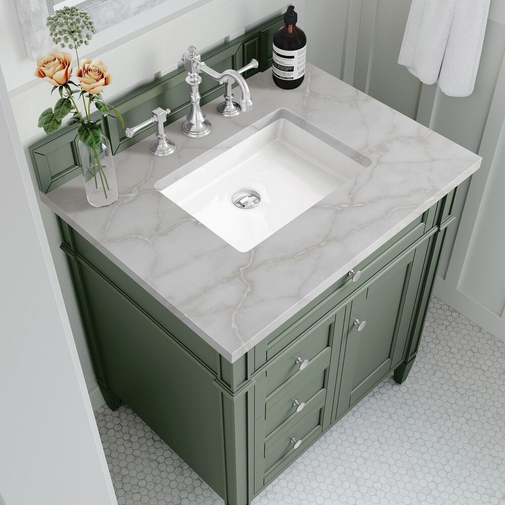James Martin Vanities Brittany 30" Single Bathroom Vanity in Smokey Celadon with 3 cm Victorian Silver Quartz Top and Rectangular Sink, , large