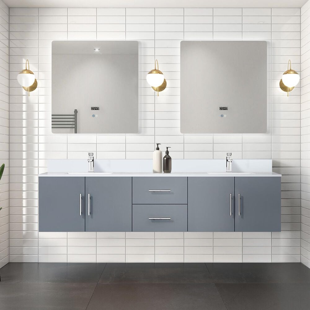 Lexora Home Geneva 80&quot; Double Bathroom Vanity in Dark Grey with 2 cm White Quartz Top and Rectangular Sinks, , large