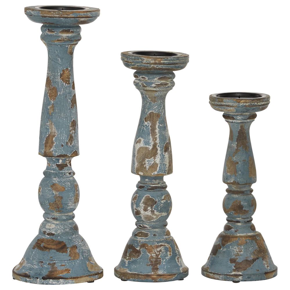 Maple and Jade Country Cottage Wood Candle Holders in Blue (Set of 3), , large