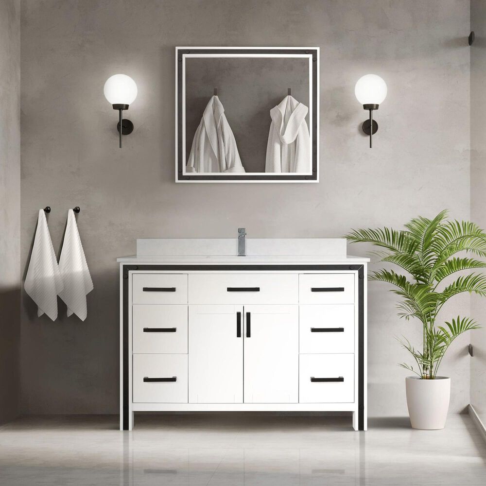 Lexora Home Ziva 48&quot; Single Bathroom Vanity in White with 2 cm White Quartz Top and Rectangular Sink, , large