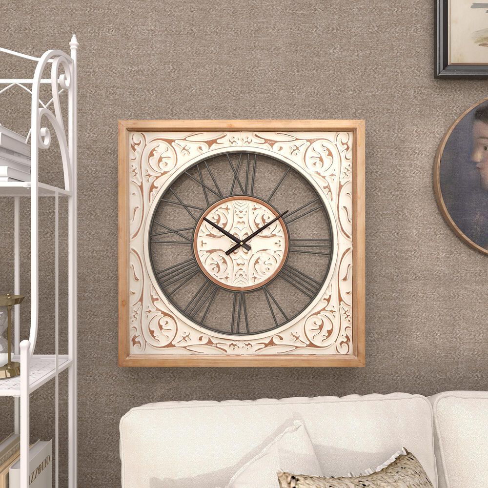 Maple and Jade 29&quot; Wall Clock in Distressed White and Brown, , large