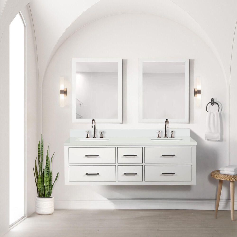 Lexora Home Castor 60&quot; Double Bathroom Vanity in White with White Quartz Top, Rectangular Sinks and 28&quot; Mirrors, , large