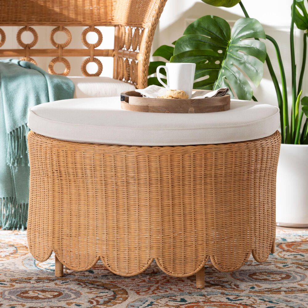 bali &amp; pari Teresa Ottoman with Light Honey Rattan in White, , large