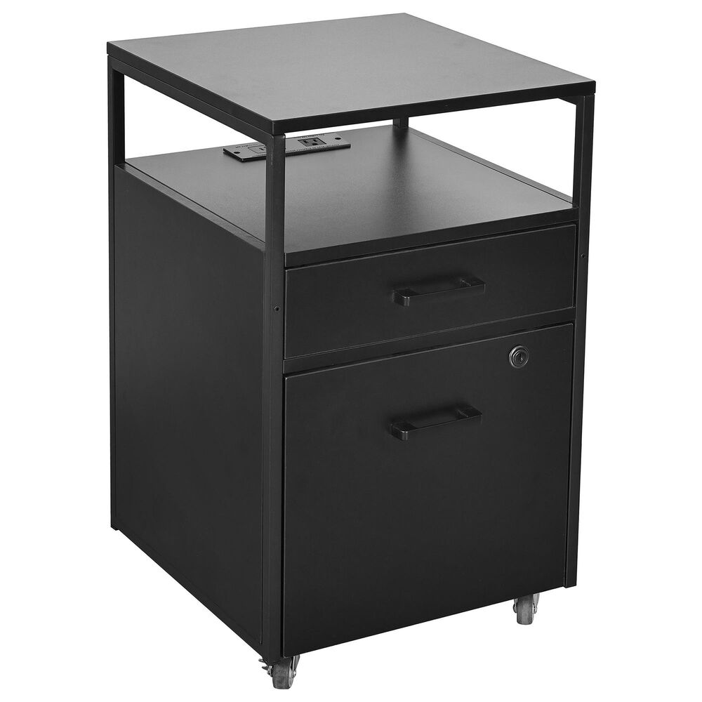 Rta Products Llc Modern Rolling File Cabinet with USB Charging Ports and Power Outlet in Black, , large