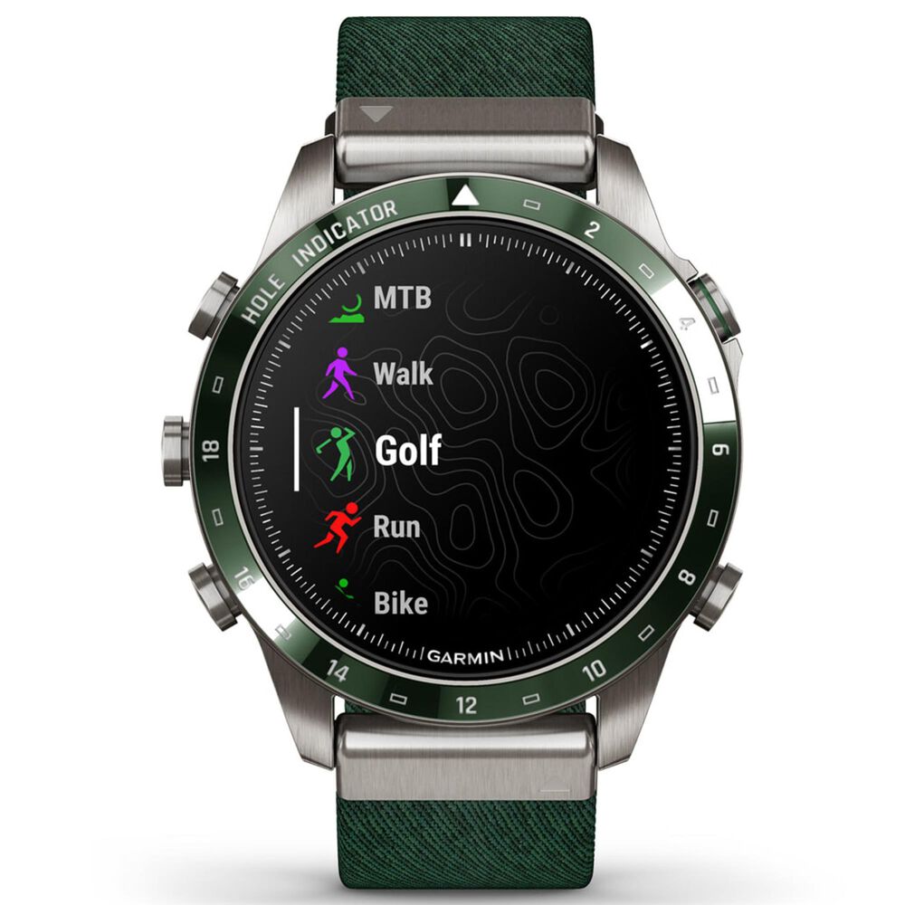 Garmin MARQ 2 Golfer AMOLED Smartwatch Silver Grade 5 Titanium Bezel Case with Green Nylon Band, , large