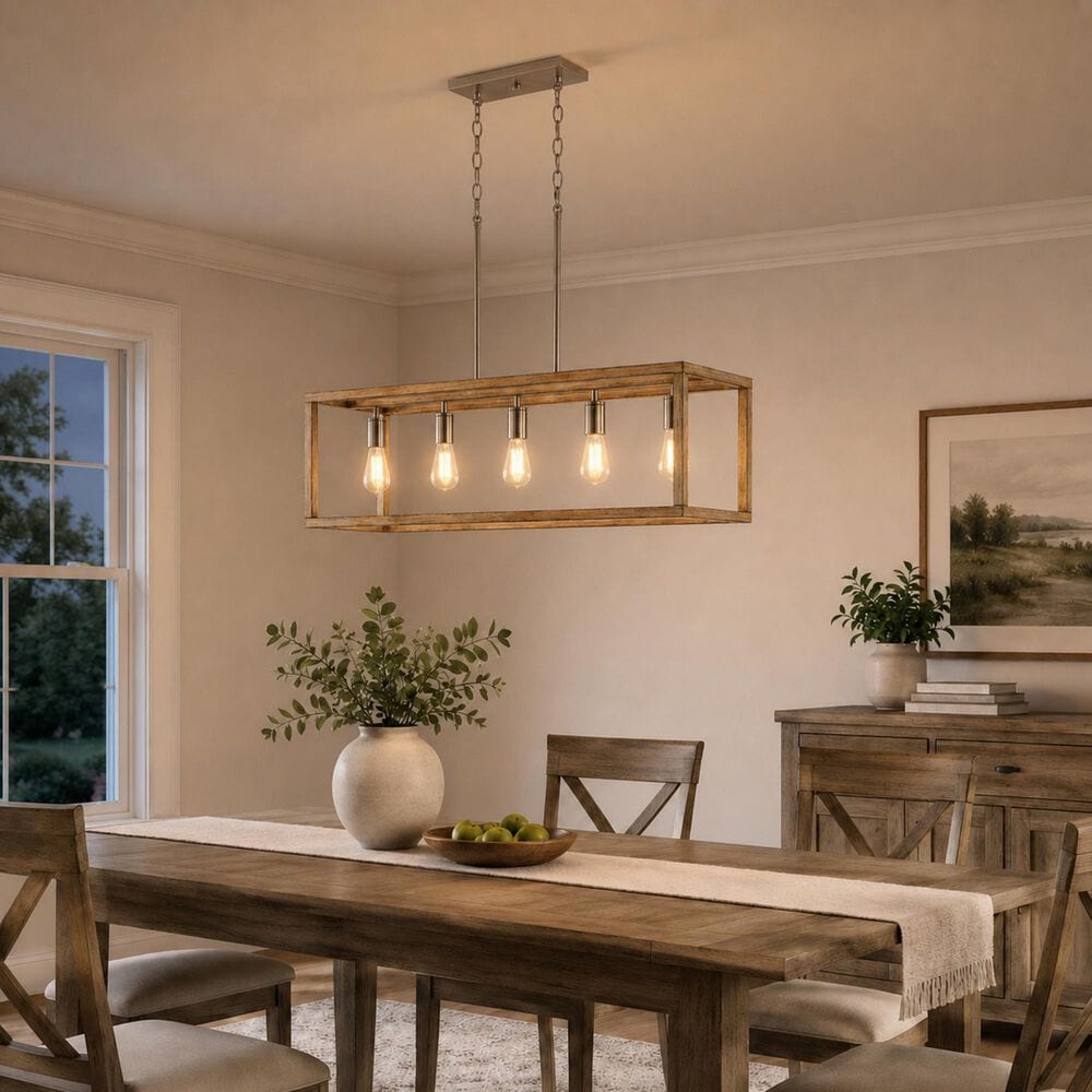 Vaxcel Pratt 5-Light Linear Chandelier in Satin Nickel and Light Oak, , large