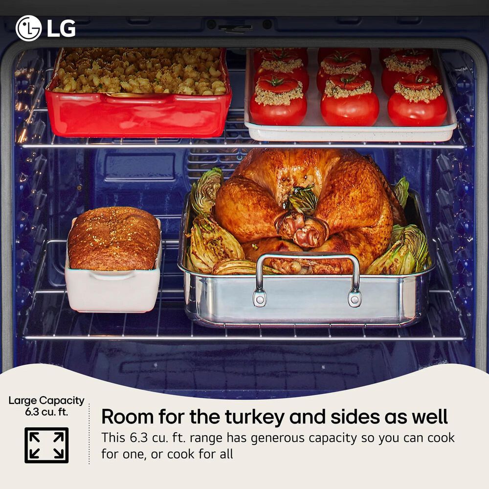 LG 2-Piece Kitchen Package with 6.3 Cu. Ft. Smart Freestanding Electric Range and 2.1 Cu. Ft. Smart Over-the-Range Microwave in Printproof Stainless Steel, , large