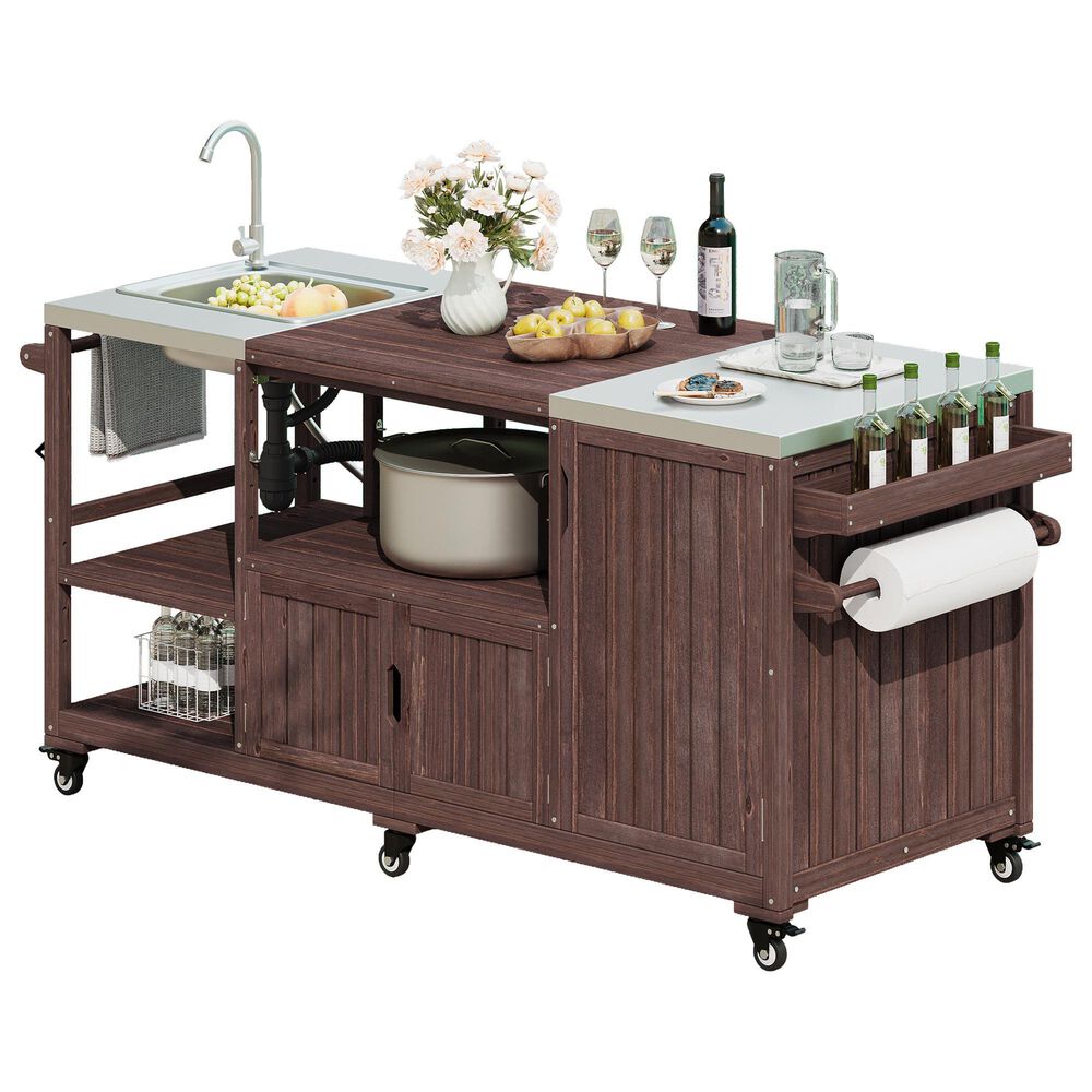 HOMLUX 75.4" Outdoor Kitchen Island with Sink, Solid Wood Outdoor Grill Cart for XL Green Egg Grills, Rolling Outdoor Bar Cart with Stainless Steel Top, for Pizza Prep &amp; BBQ, Brown, , large
