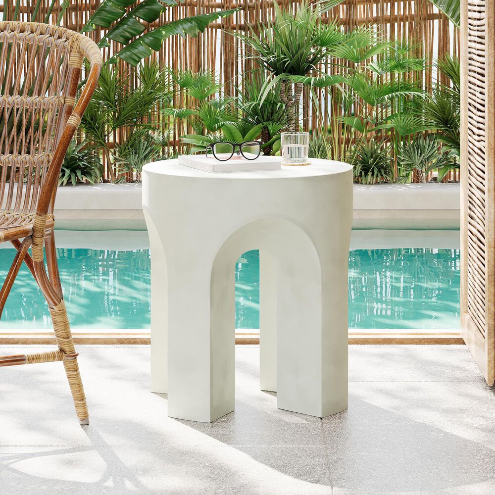 Hearth and Haven Outdoor Round Side Table with Arch Base Design in Antique White, , large