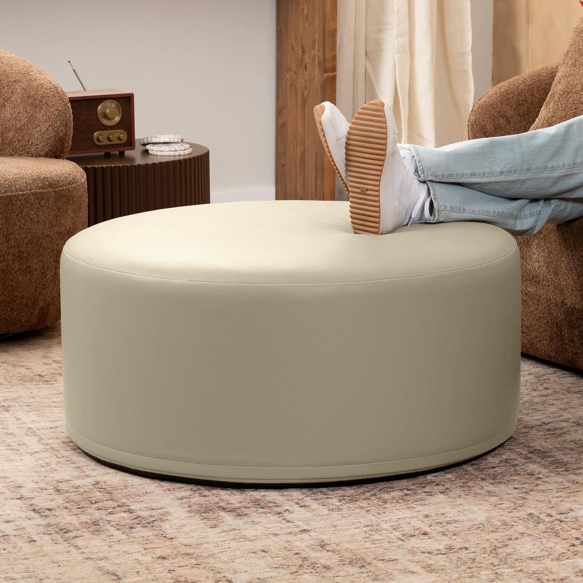 Jaxx Candler Faux Leather Ottoman in Natural Beige