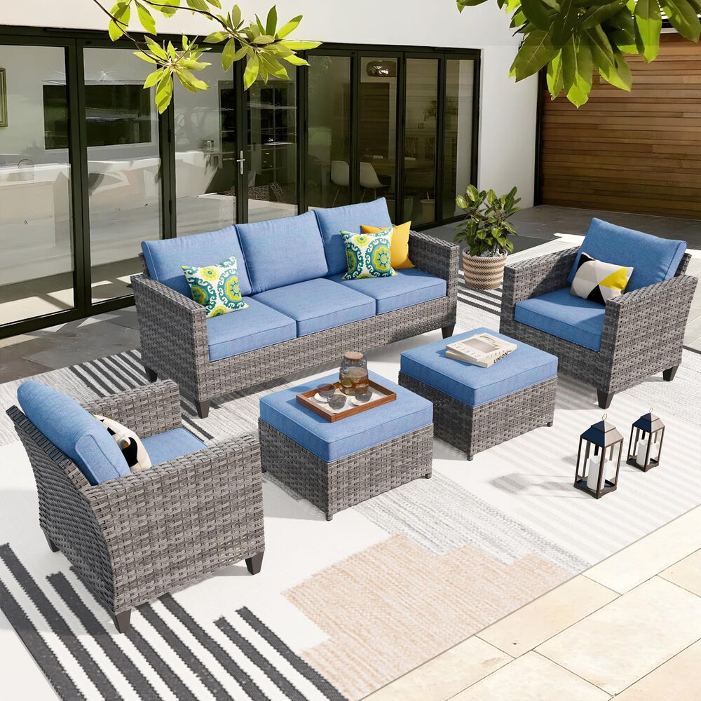 HOMLUX HOMLUX 5-Piece Outdoor Wicker Patio Furniture Set, High Back Rattan Sofa with Chairs, Ottomans & Cushions in Denim Blue, , large