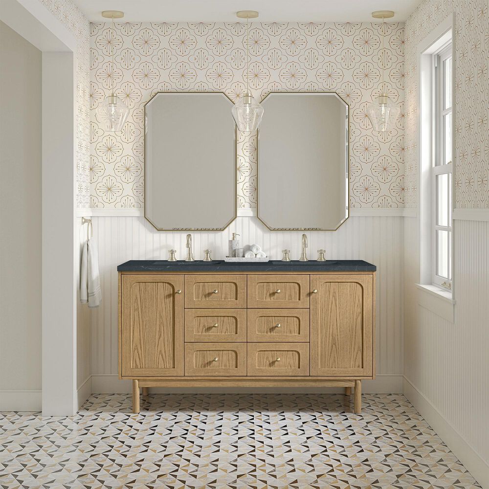 James Martin Vanities Laurent 60&quot; Double Bathroom Vanity in Light Natural Oak with 3 cm Charcoal Soapstone Quartz Top and Rectangular Sinks, , large