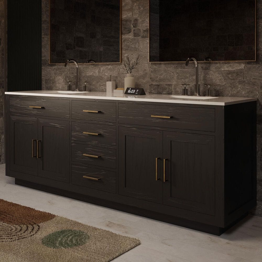 Lexora Home Abbey 84" Double Bathroom Vanity in Black Oak with 2 cm White Cultured Marble Top and Rectangular Sinks, , large