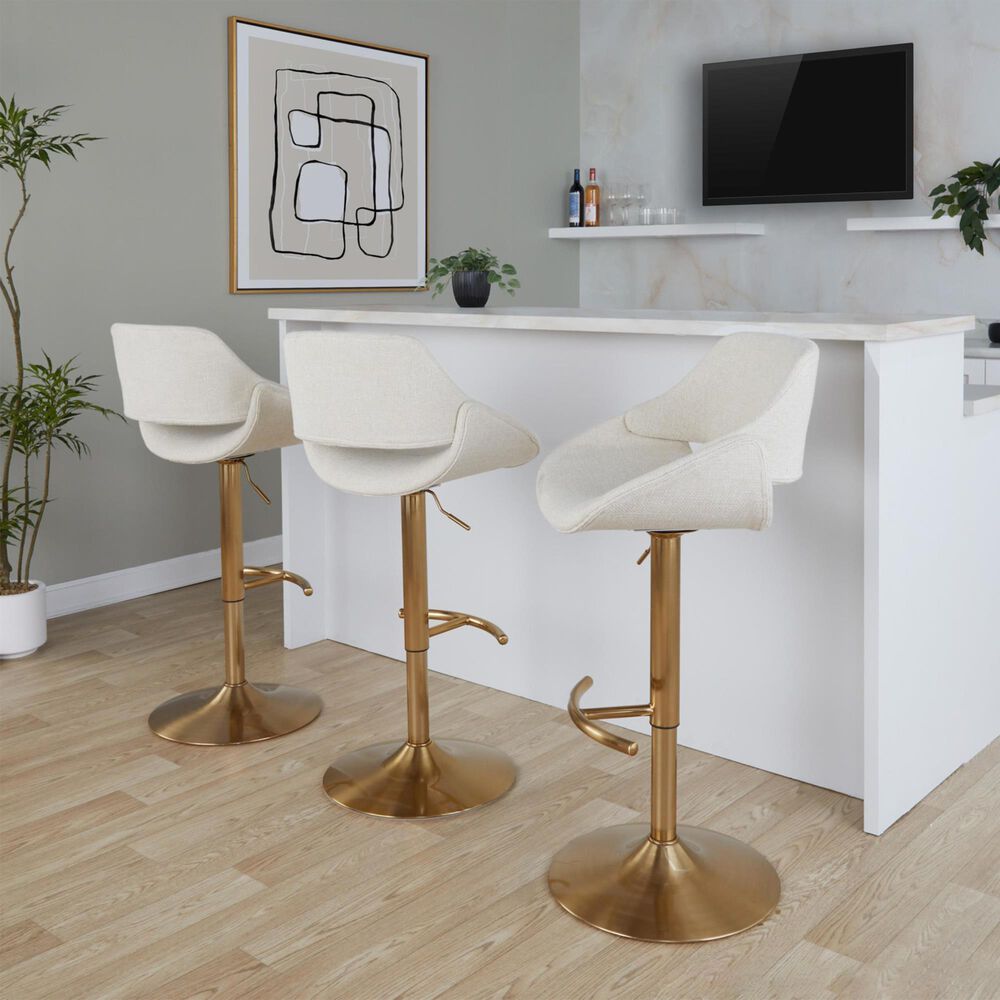 LumiSource Fabrico Swivel Adjustable Bar Stool with Cream Noise Fabric Upholstery and Rounded T Footrest in Gold (Set of 2), , large