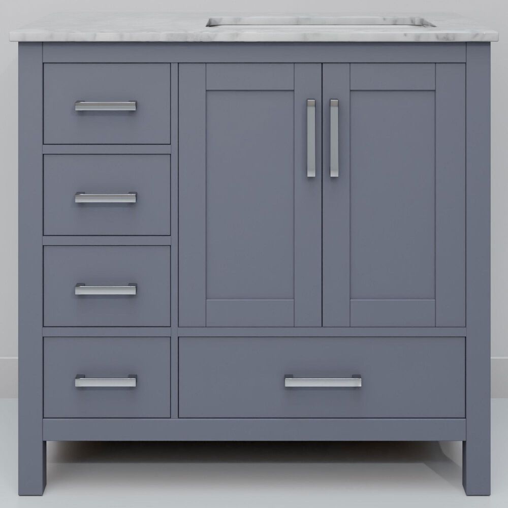 Lexora Home Jacques 36&quot; Right Offset Single Bathroom Vanity in Dark Grey with 2 cm White Carrara Marble Top and Rectangular Sink, , large