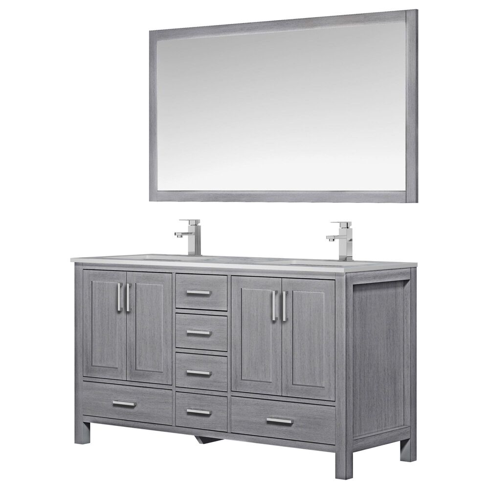 Lexora Home Jacques 60" Double Bathroom Vanity in Distressed Grey with White Carrara Marble Top, Rectangle Sinks, Chrome Faucets and Mirror, , large