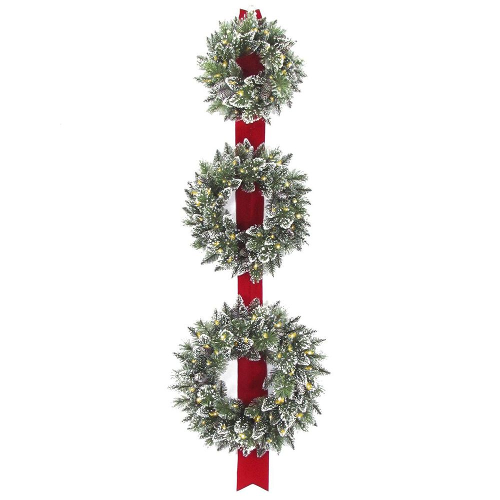 National Tree 77" Glittery Bristle Triple Wreath Door Hang with Warm White LED Lights, , large