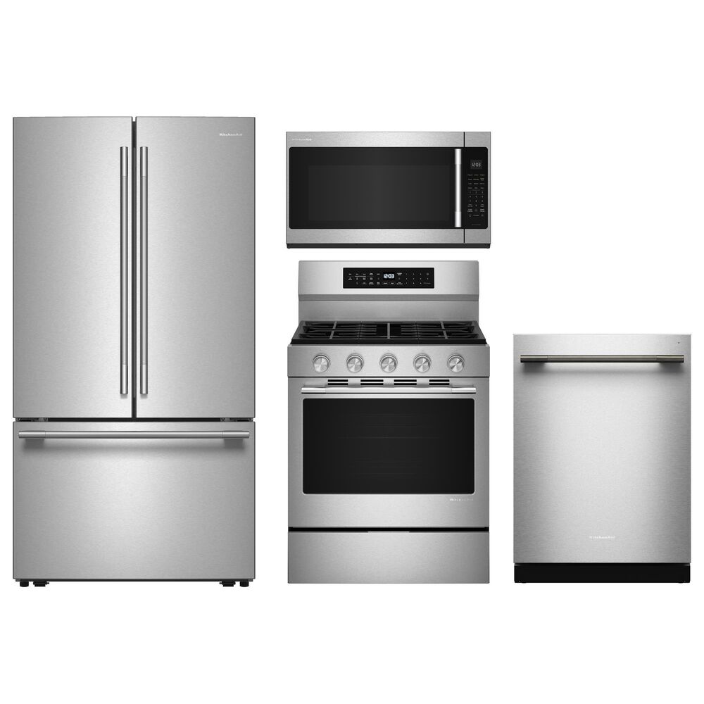 KitchenAid 4-Piece Kitchen Package with 31 Cu. Ft. French Door Refrigerator and 5 Cu. Ft. Smart Freestanding Gas Range in Stainless Steel, , large