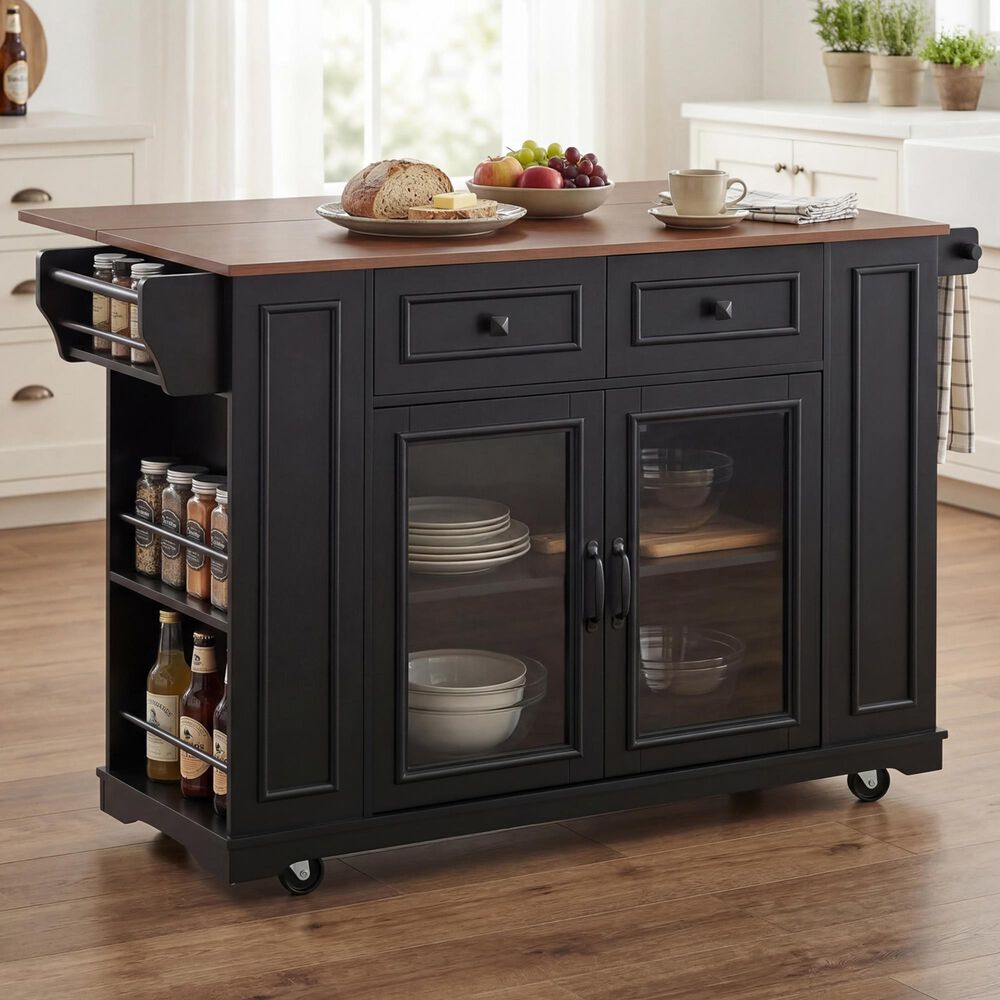 HOMLUX 54" Mobile Kitchen Island with Glass Door Storage in Walnut and Black, , large