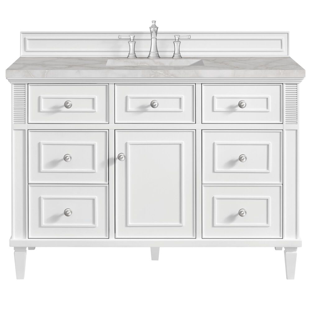 James Martin Vanities Lorelai 48" Single Bathroom Vanity in Bright White with 3 cm Eternal Jasmine Pearl Silestone Top, Rectangular Sink and FreePower Wireless Charger, , large
