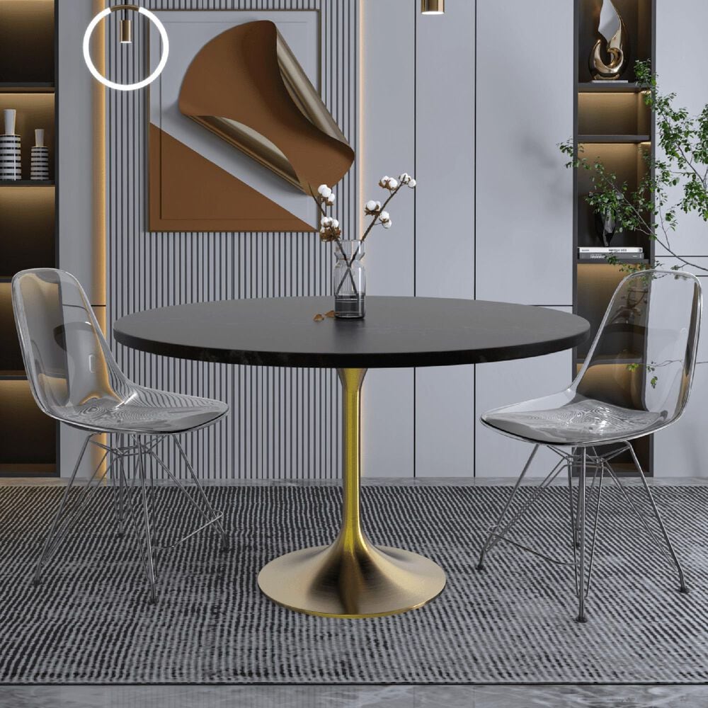 Leisuremod LeisureMod Verve Collection 48 Round Dining Table, Brushed Gold Base with Black MDF Top, , large