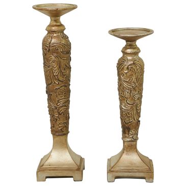 Maple and Jade Polystone Candle Holder with Scrolled Leaf Pattern in Champagne (Set of 2), , large