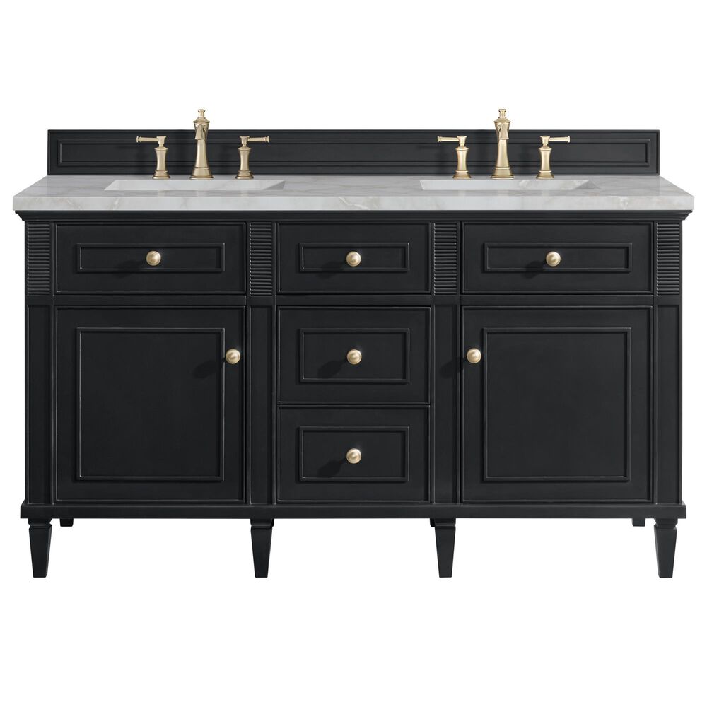 James Martin Vanities Lorelai 60" Double Bathroom Vanity in Black Onyx with 3 cm Eternal Jasmine Pearl Silestone Top, Rectangular Sinks and FreePower Wireless Charger, , large