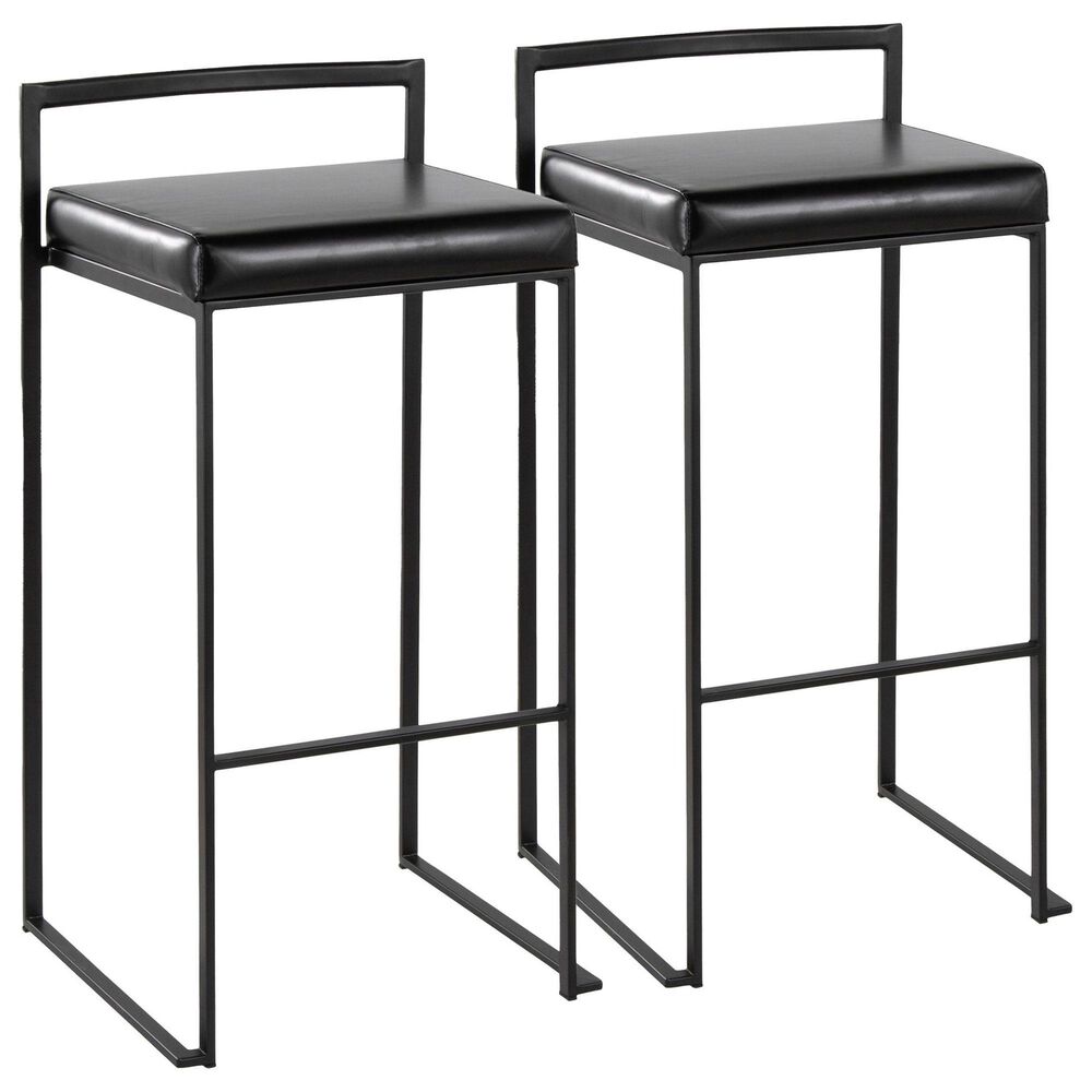 Lumisource Fuji Stackable Barstool with Black Faux Leather Cushion in Black (Set of 2), , large