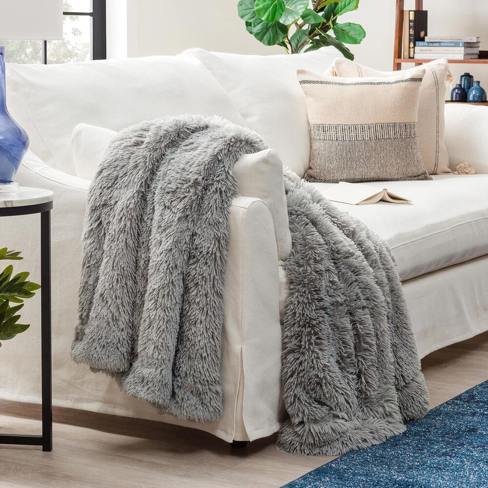50&quot; x 65&quot; Faux Long Fur Throw Blanket in Gray, , large