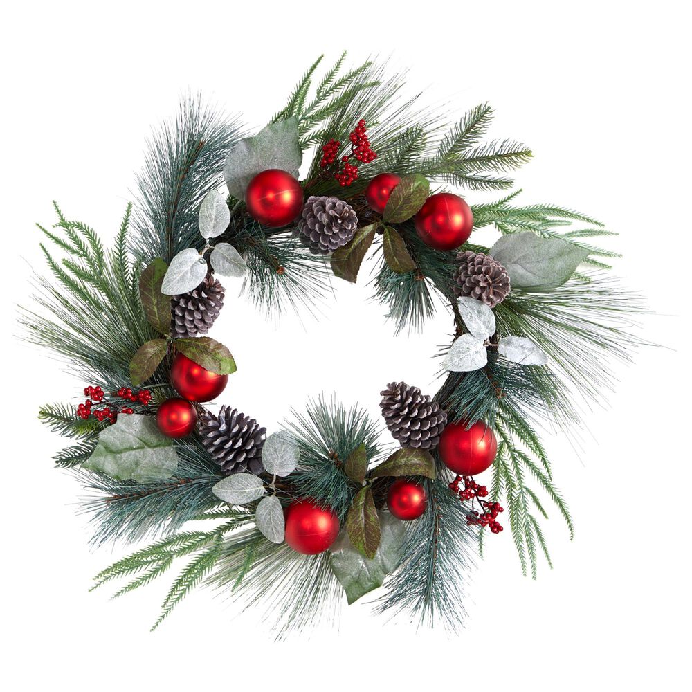 Nearly Natural Inc 24in. Assorted Pine, Pinecone and Berry Artificial Christmas Wreath with Red Ornaments, , large