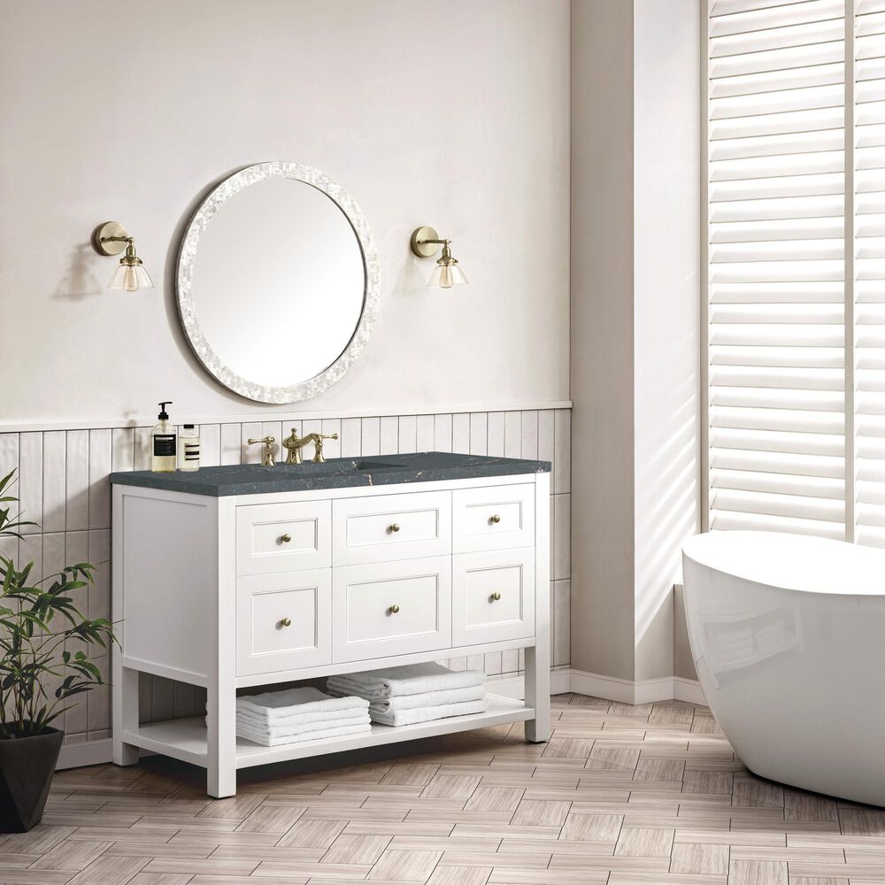 James Martin Vanities Breckenridge 48&quot; Single Bathroom Vanity in Bright White with 3 cm Parisien Bleu Quartz Top and Rectangular Sink, , large