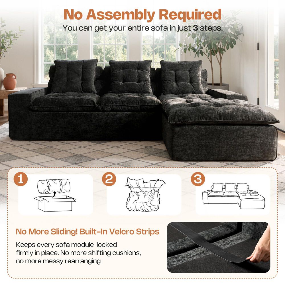 HOMLUX 2-Piece Right Facing Sectional with Chaise in Black, , large