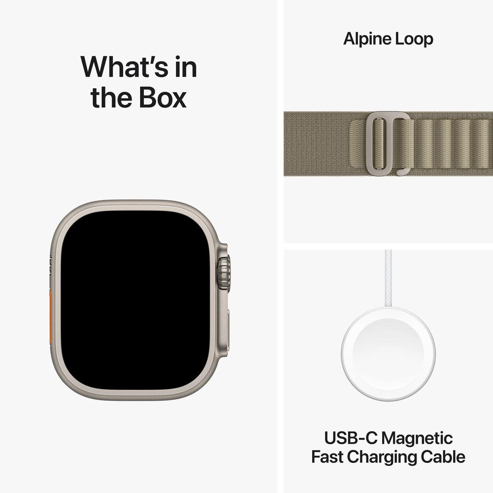 Apple Watch Ultra 2 GPS Cellular 49mm Titanium Case and Olive Alpine Loop Band - Small with 1-Year AppleCare+, , large