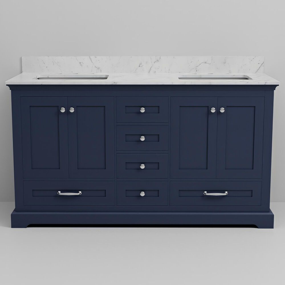 Lexora Home Dukes 60" Double Bathroom Vanity in Navy Blue with 2 cm White Carrara Marble Top and Rectangular Sinks, , large