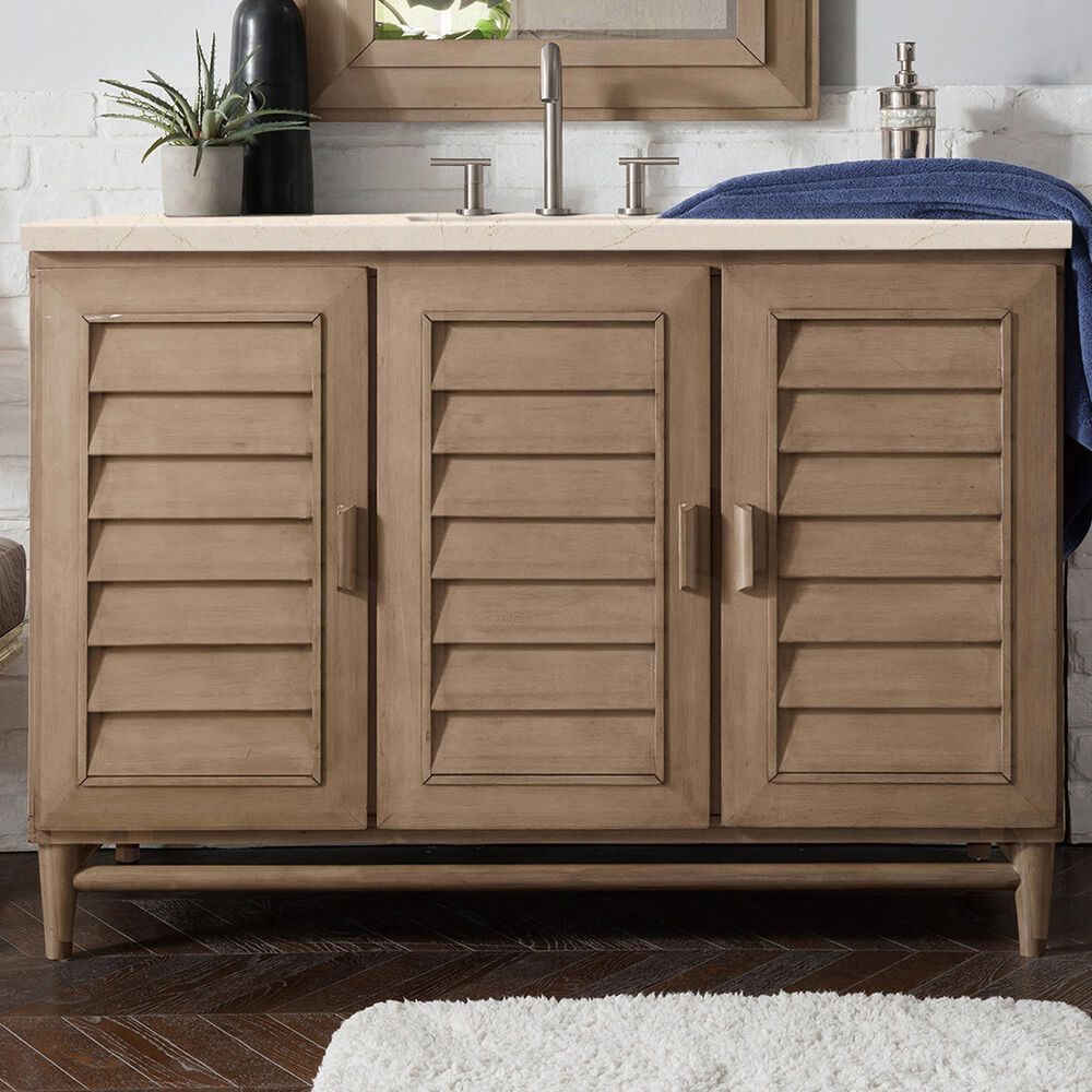 James Martin Vanities Portland 48&quot; Single Bathroom Vanity in Whitewashed Walnut with 3 cm Eternal Marfil Quartz Top and Rectangular Sink, , large