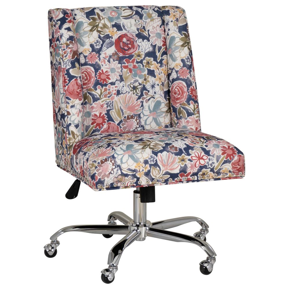 Linon Home Decor Draper Office Chair with Navy Floral Cushion in Silver, , large