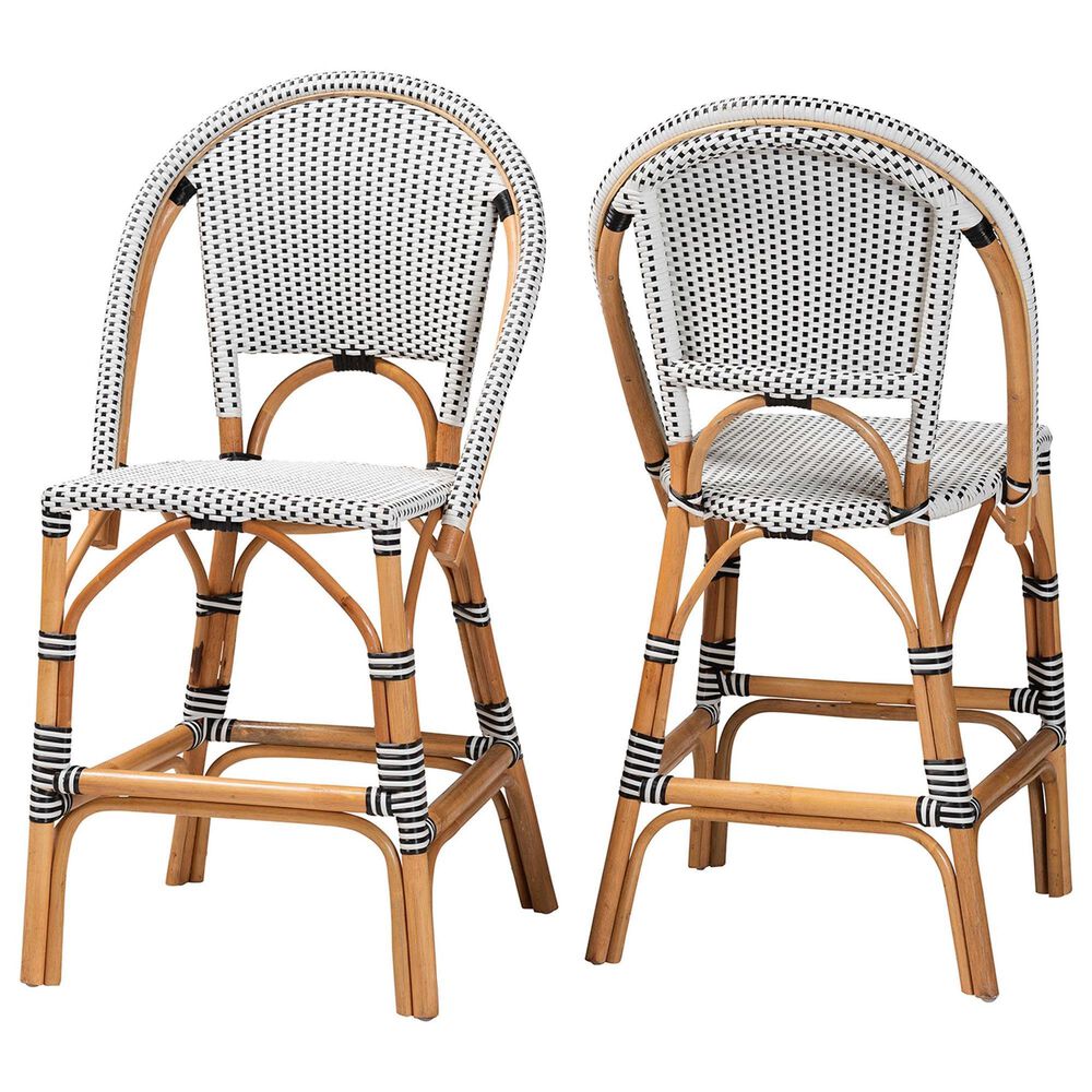 Baxton Studio Genica Counter Stool with Two-Tone Black and White Weaving in Natural Rattan (Set of 2), , large
