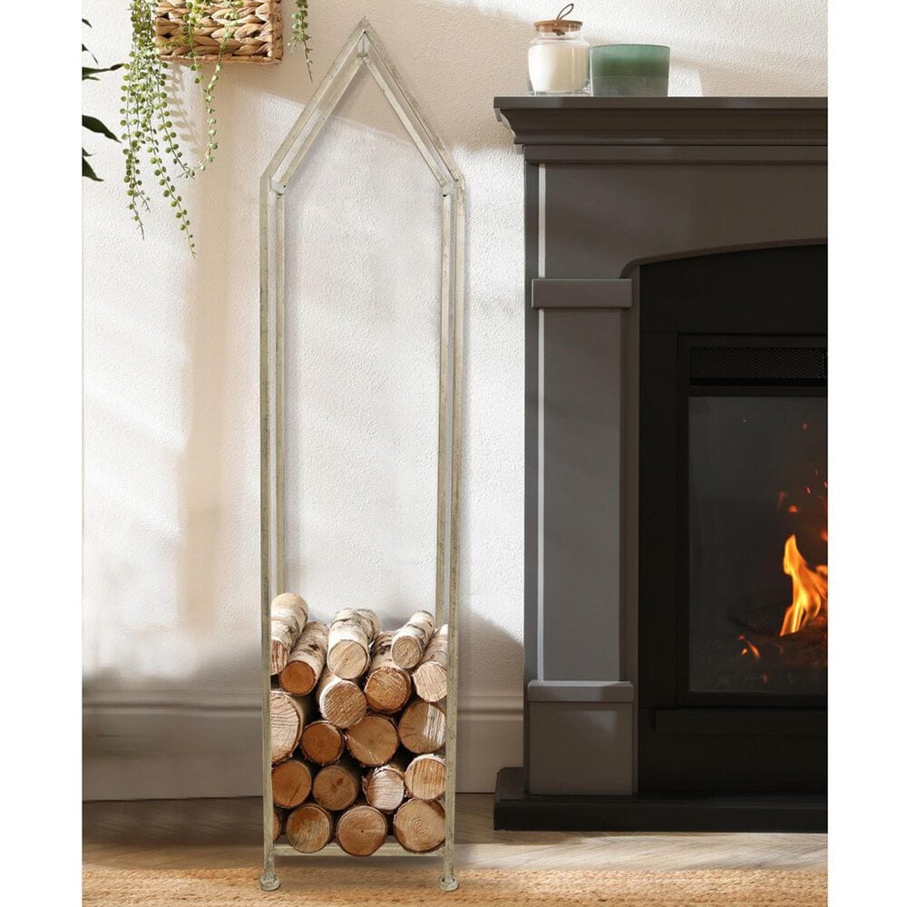 Creative Coop Metal House Shaped Fire Wood Holder with Handle in Nickel, , large