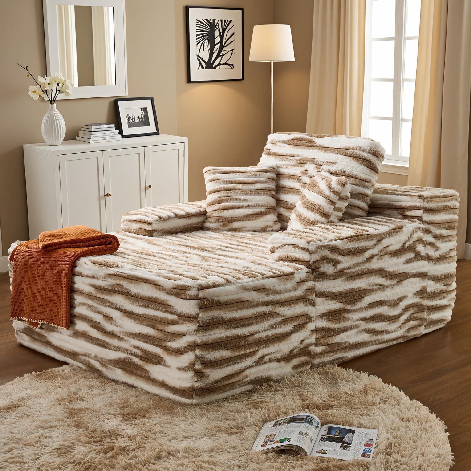 HOMLUX Cloud Faux Fur Chaise Lounge with Plush Pillows in Brown Zebra