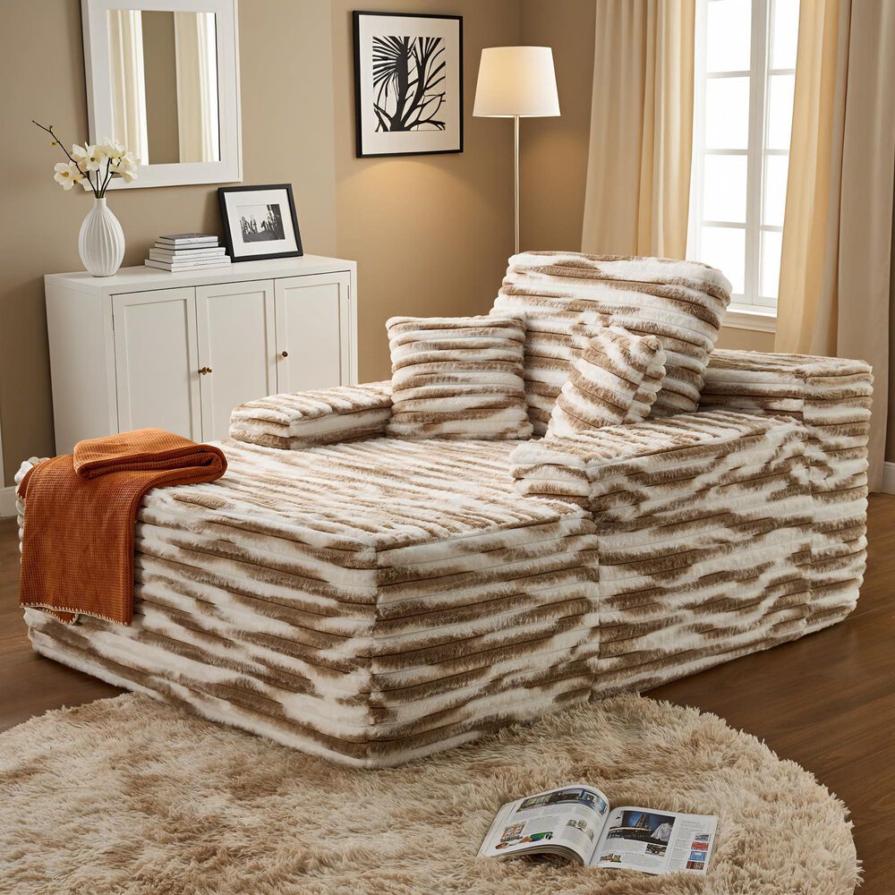 HOMLUX Cloud Faux Fur Chaise Lounge with Plush Pillows in Brown Zebra, , large