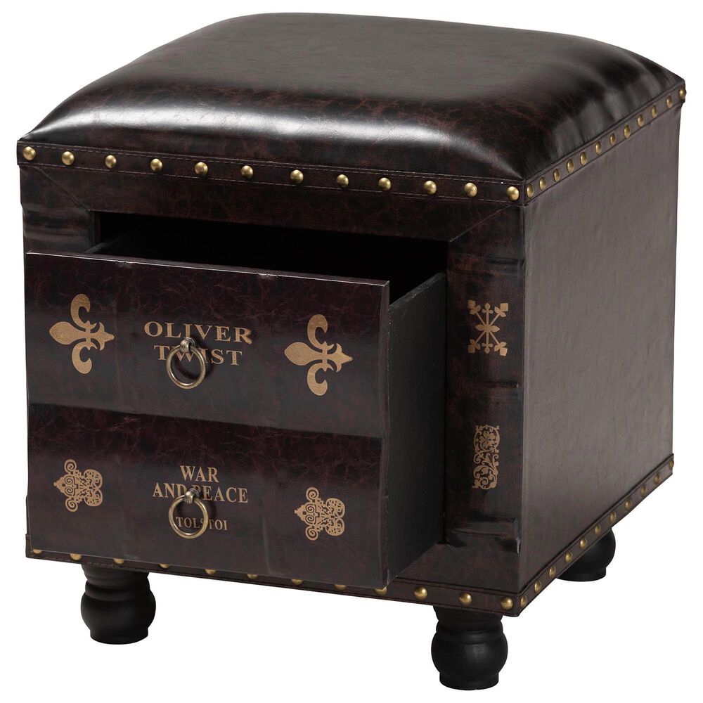 Baxton Studio Charlier Storage Ottoman with Book Spine Drawer in Dark Brown, , large