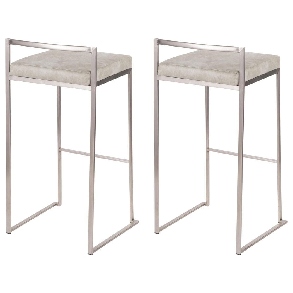 LumiSource Fuji 30" Stacker Bar Stool with Light Grey Cowboy Upholstery in Stainless Steel (Set of 2), , large