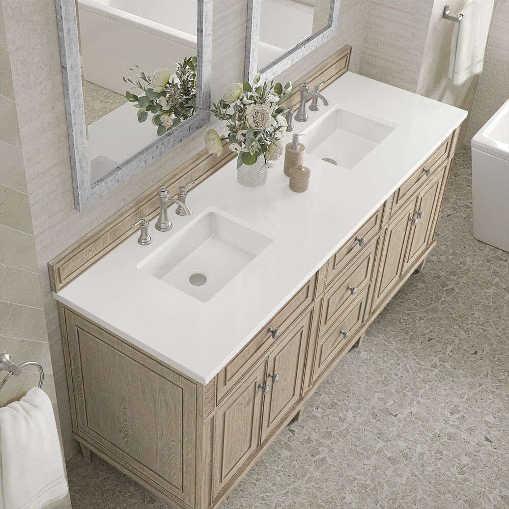 James Martin Vanities Lorelai 72&quot; Double Vanity in Whitewashed Oak with 3 cm White Zeus Quartz Top, , large