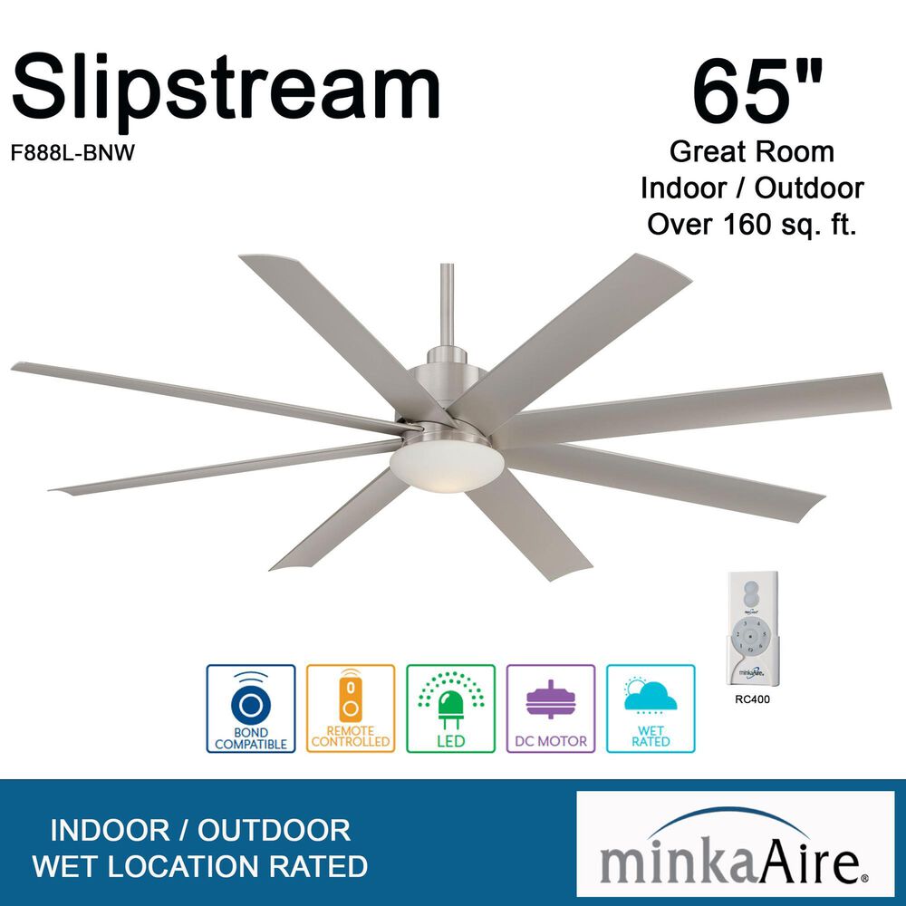 Minka-Aire Slipstream 65" Indoor/Outdoor Ceiling Fan with LED Light in Brushed Nickel Wet, , large