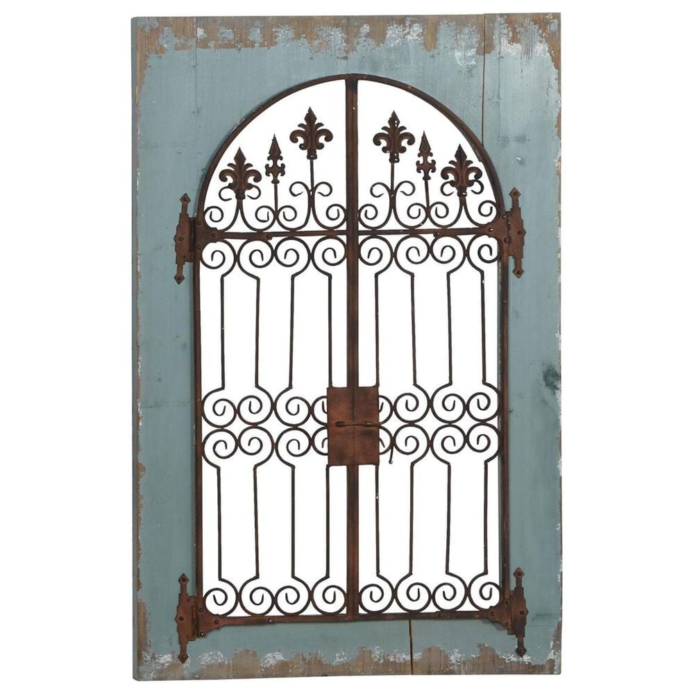 Maple and Jade 33&quot; x 50&quot; Arched Windowpane Fleur De Lis Home Wall Decor with Rust Metal Scrolled Gate in Distressed Blue and Bronze, , large