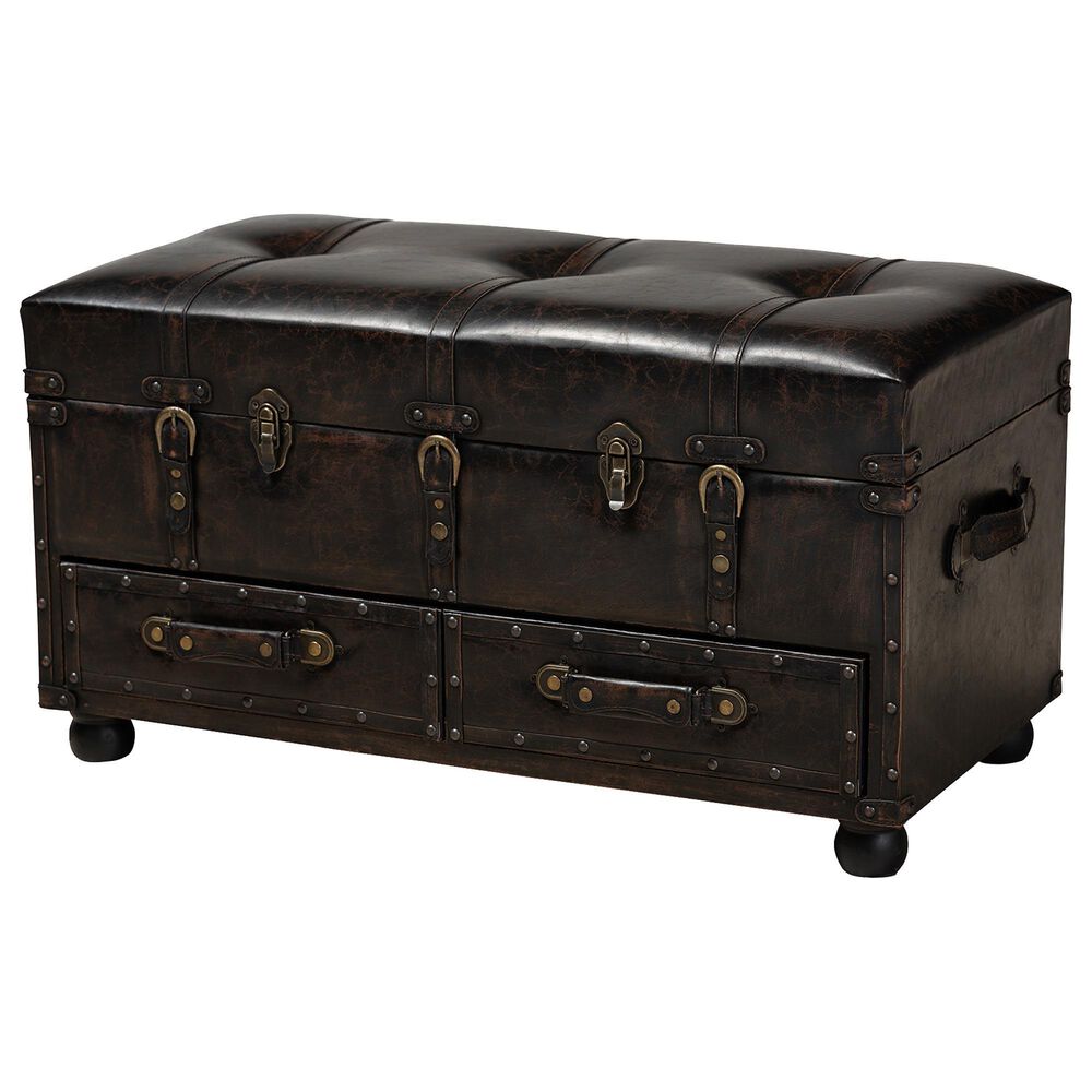 Baxton Studio Callum 2-Drawer Storage Trunk Ottoman Set in Distressed Dark Brown, , large