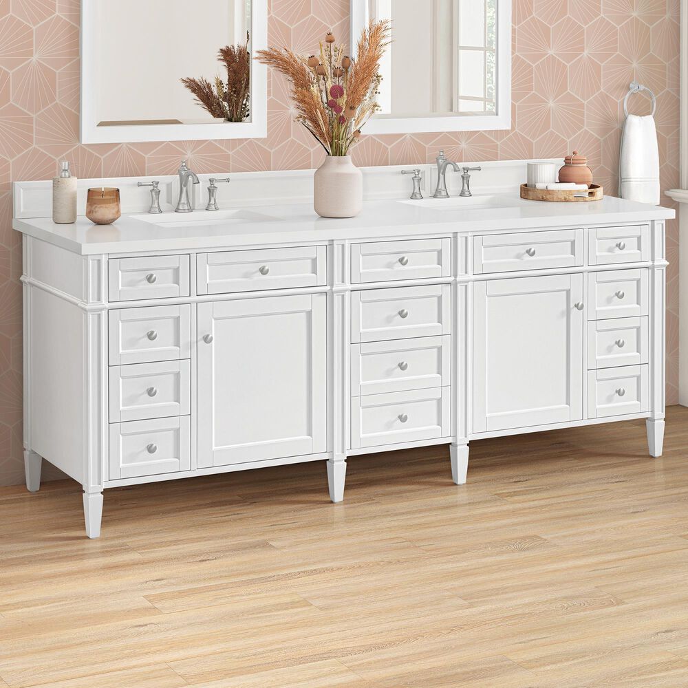 James Martin Brittany 84" Double Bathroom Vanity in Bright White with 3 cm White Zeus Top and Rectangular Sinks, , large