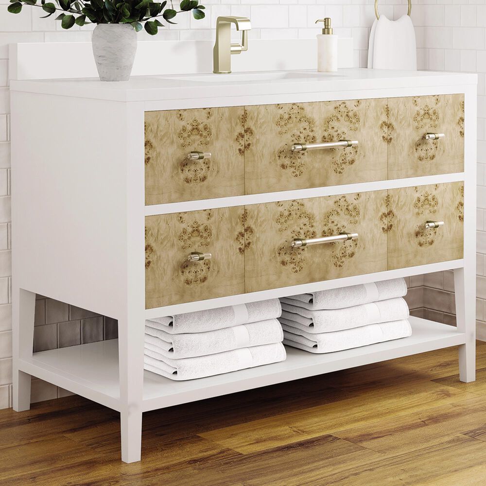 James Martin Vanities Olena 36&quot; Single Vanity in Light Mappa Burl and Polished White with Single Hole 3 cm White Zeus Quartz Top &amp; Backsplash, , large