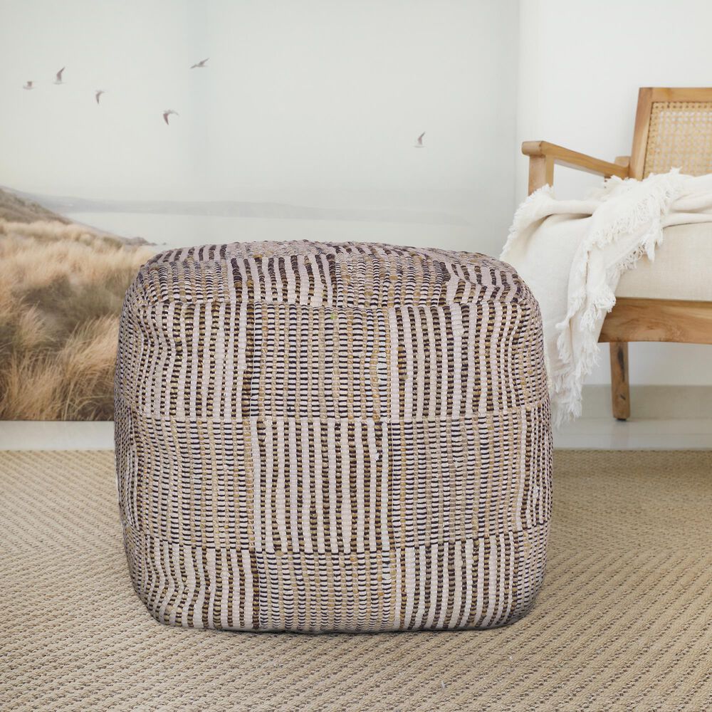 LR Home 18" Square Checkered Pouf in Cream and Black, , large