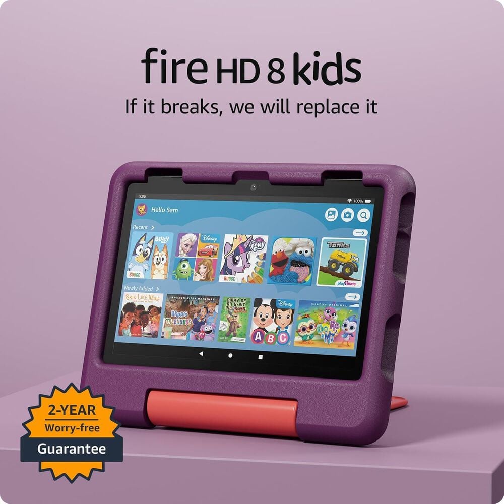 Amazon Fire HD 8 Kids tablet &#40;Latest Model&#41;, ages 3-7 | 3GB memory, bright 8&quot; HD screen. Includes ad-free and exclusive content, parental controls and 13-hr battery, 32GB in Grape, , large